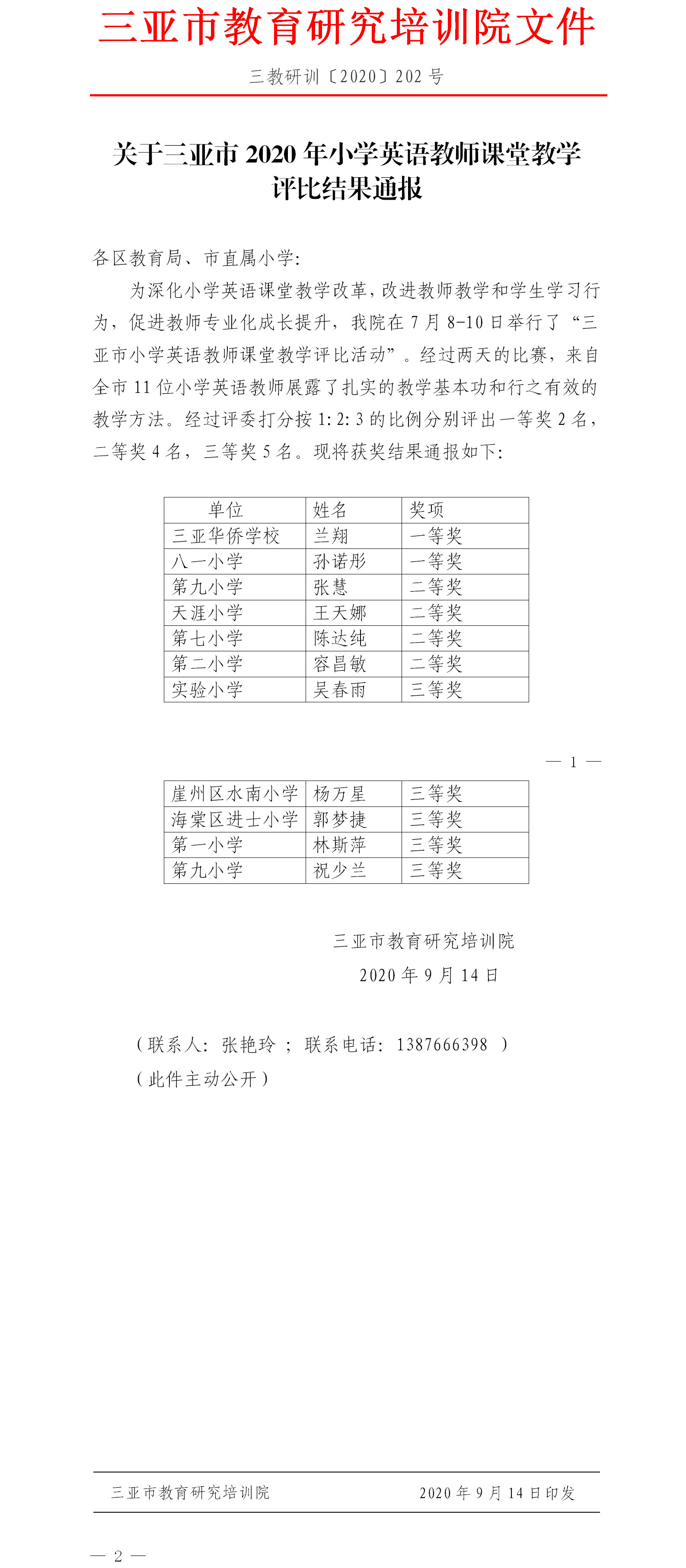 关于三亚市2020年小学英语教师课堂教学评比结果通报.png