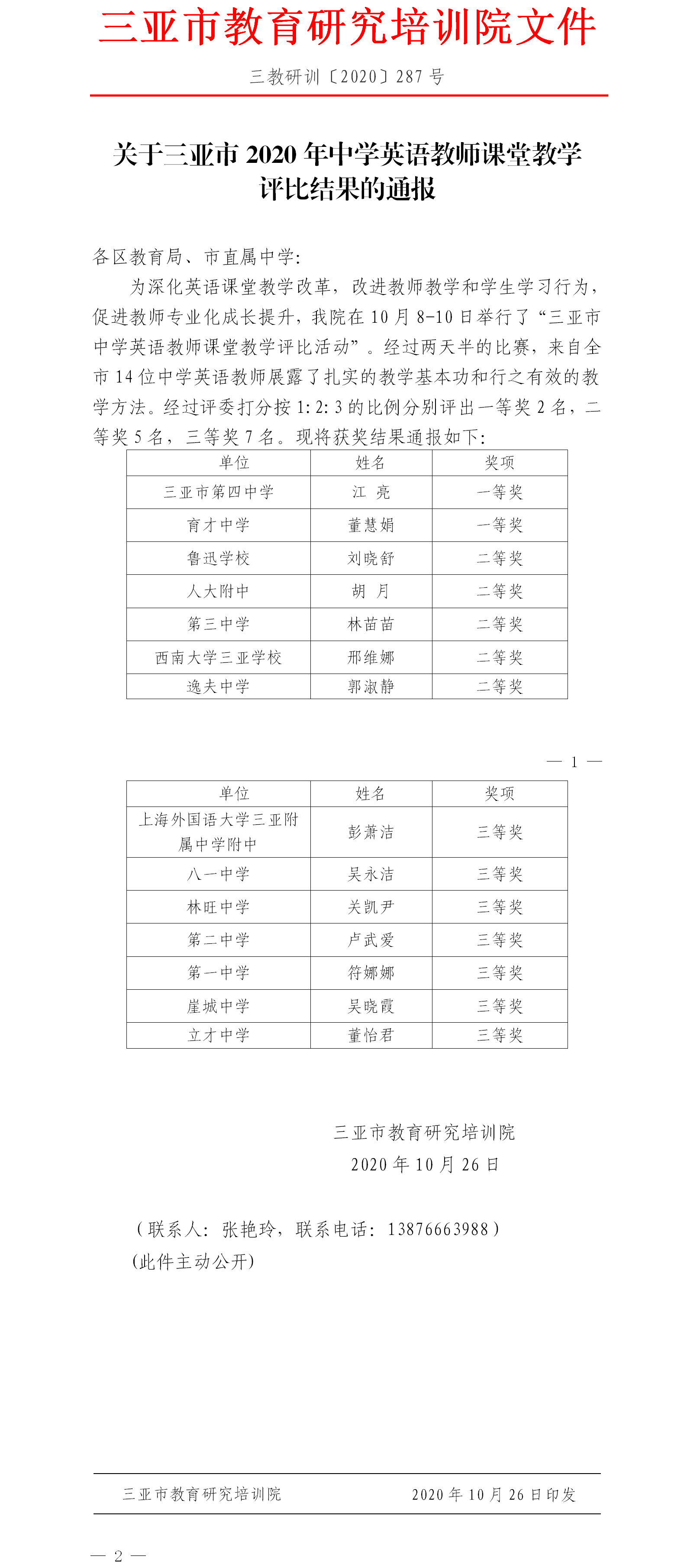 关于三亚市2020年中学英语教师课堂教学评比结果的通报.png