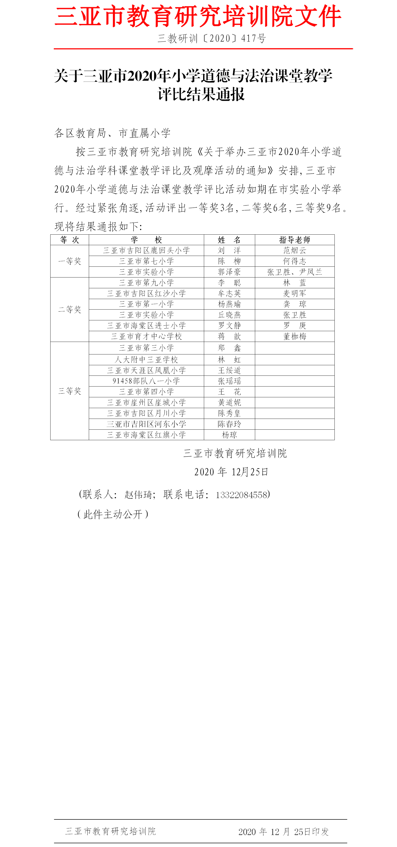 关于三亚市2020年小学道德与法治课堂教学评比结果的通报1.png