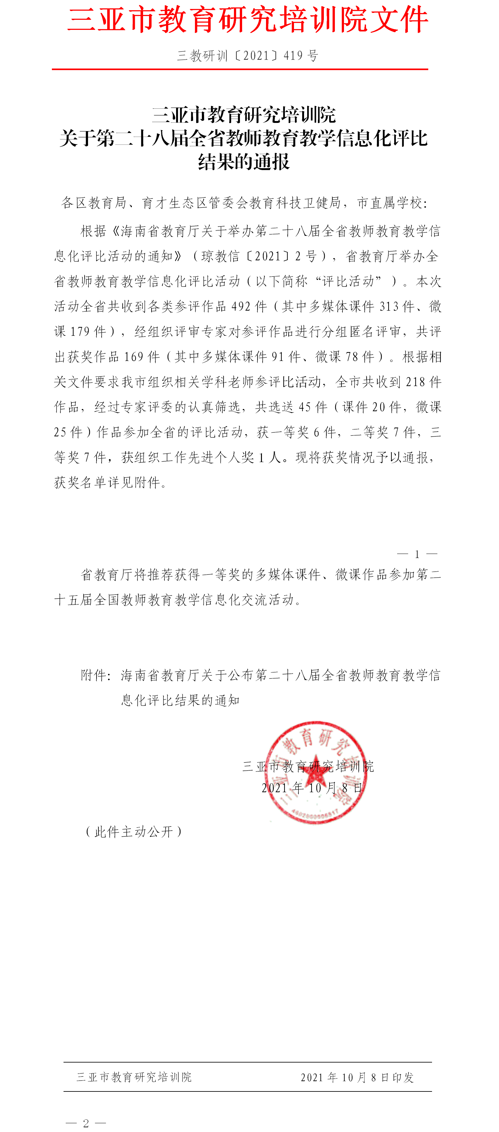 三亚市教育研究培训院关于第二十八届全省教师教育教学信息化评比结果的通报.png