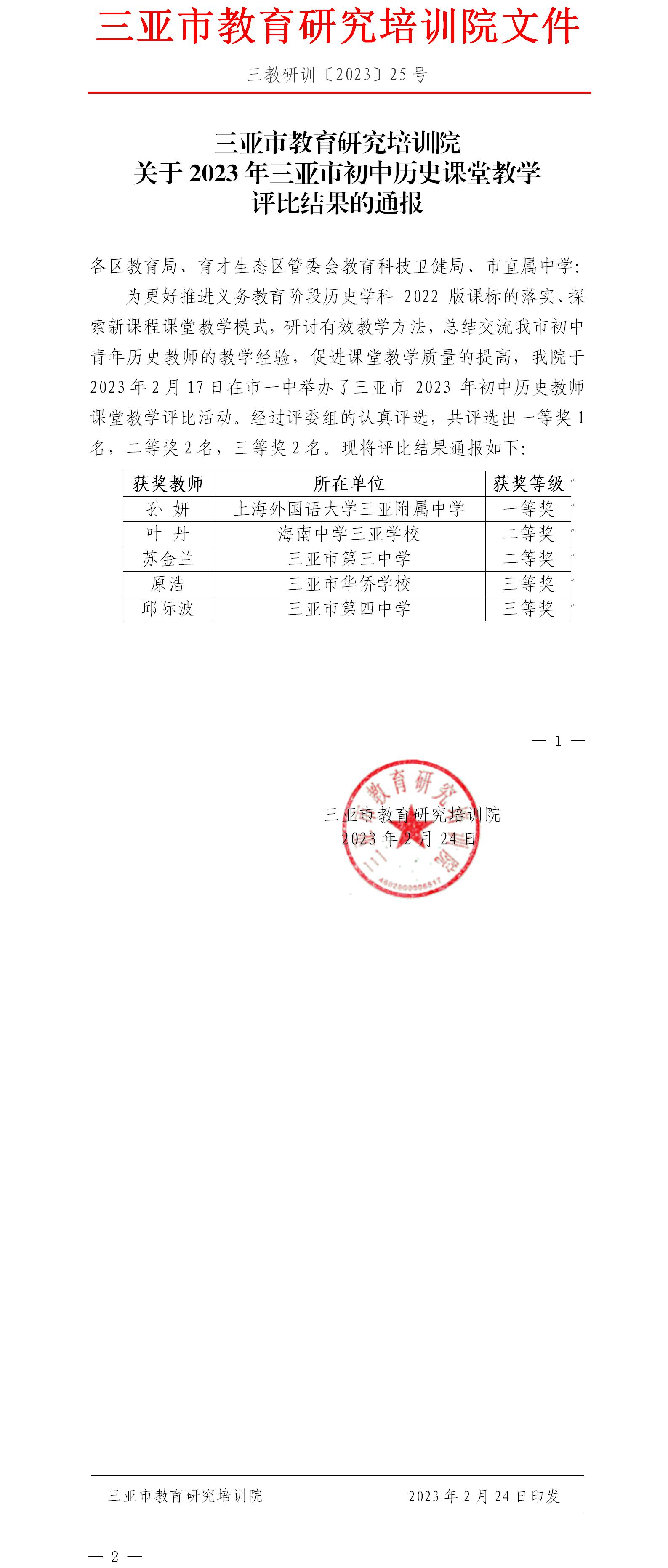 关于2023年三亚市初中历史课堂教学评比结果的通报.jpg